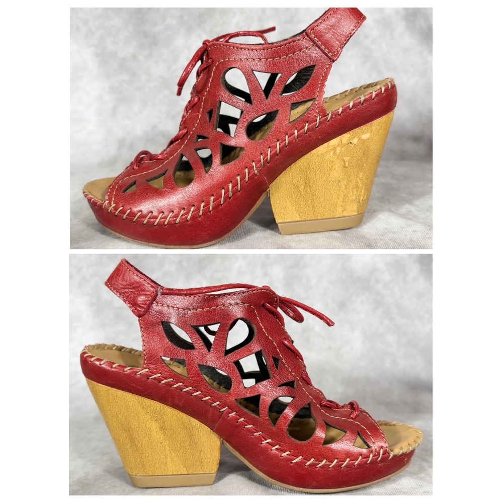Vtg LOBO SOLO Red Leather Wedge Sandals Wms 7 Lace Up Laser Cut Boho Block Heel - Picture 4 of 8